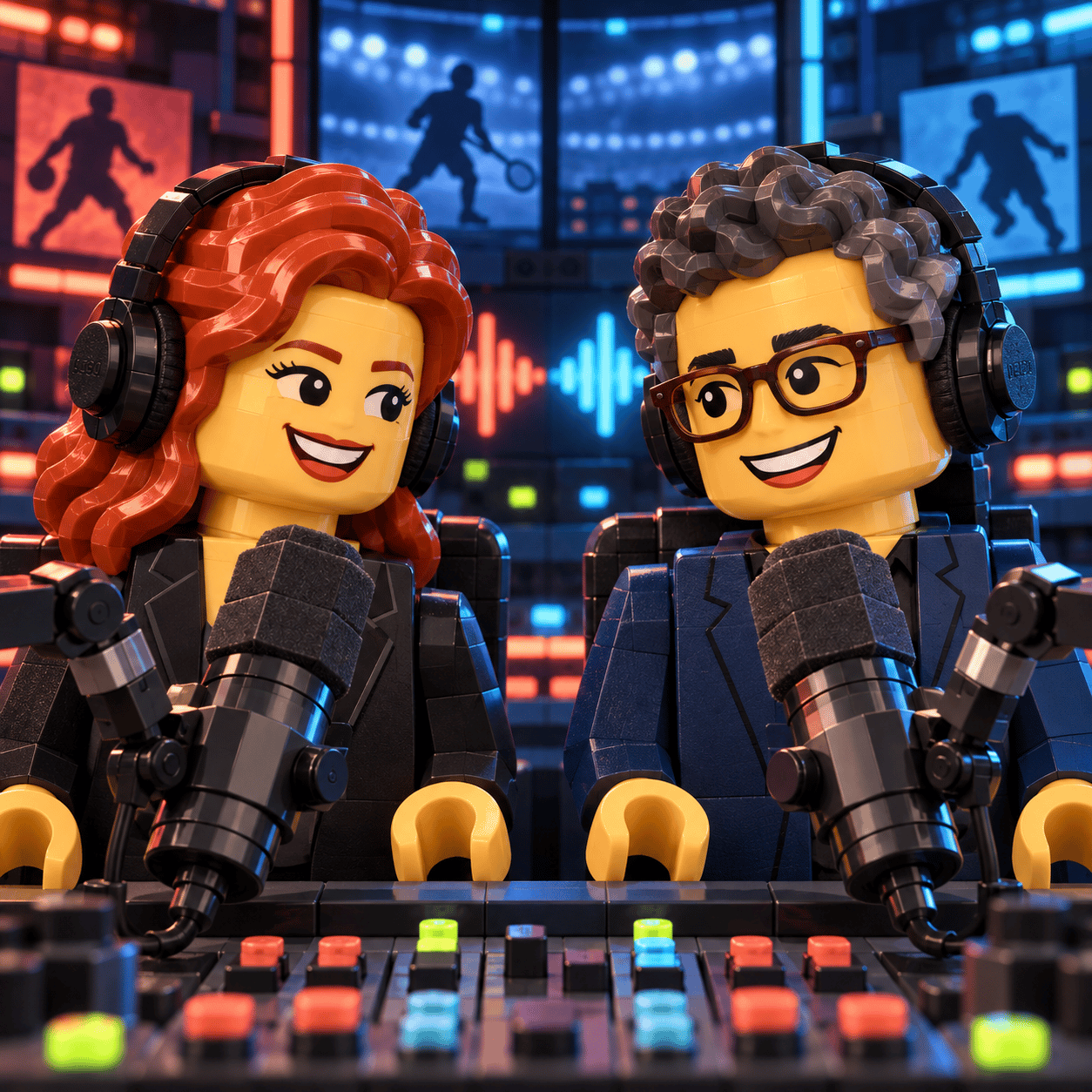 Illustration of one woman and one man presenting together with microphones